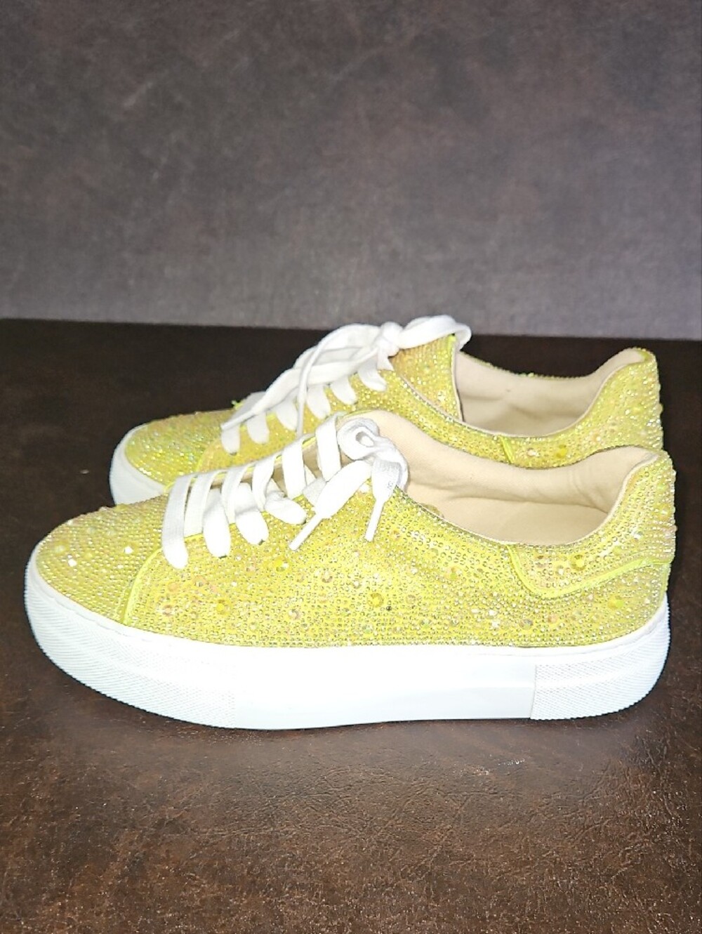 Betsey Johnson Sidny Bright Citron Yellow Crystal Embellished Platform Sneakers - Picture 4 of 11